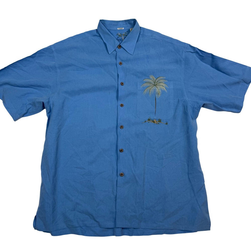 Bamboo Cay Mens Blue Palm Tree Embroidered Short Sleeve Button Up Shirt Large